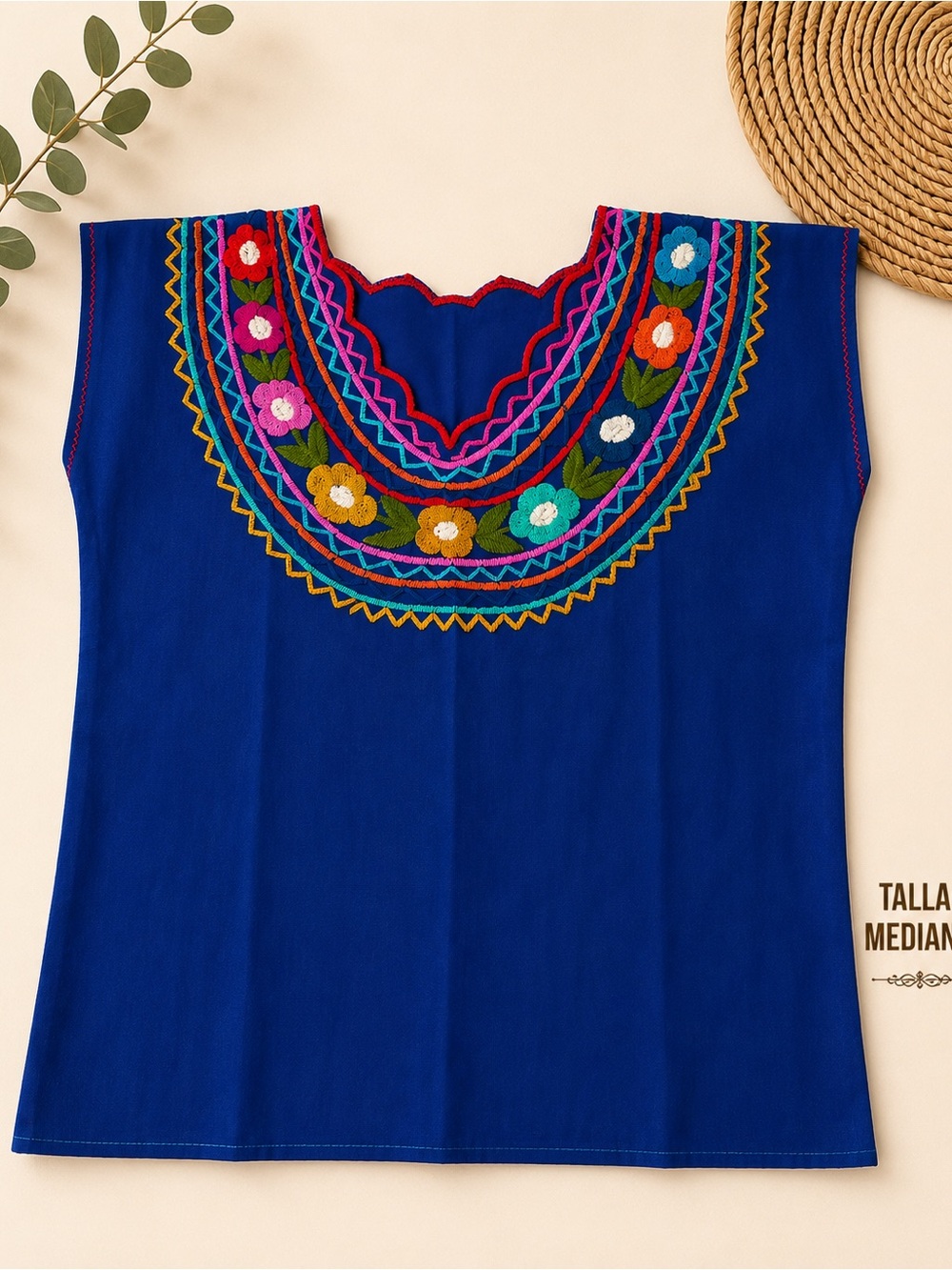 MEXICANA Royal Blue Embroidered Floral Yoke Top
